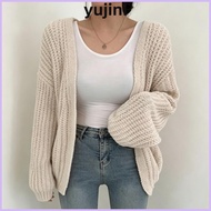 YUJINI Chunky Knit Cardigan, Thick Knit Texture Solid Color Open Front Cardigan, Comfortable Long Sl