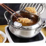 Deep Fryer Pot Stainless Steel Japanese Tempura Deep Frying Pan with Thermometer Oil Drainer for Chi