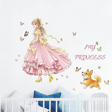Pink Princess Corgi Wall Sticker Butterfly English Element Decorative Sticker Wall Refurbishment Sti