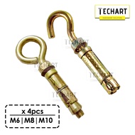 Techart 4pcs x Eye Hook / Half Hook Sleeve Anchor PJ Anchor Hook Wall Plug with Hook Expansion Bolt 