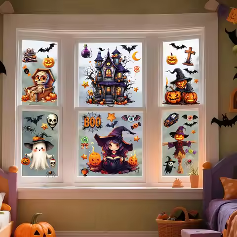 10 Sheets 3D Halloween Window Clings Set, Reusable PVC Stickers with Castle, Bat, Witch, Pumpkin Des
