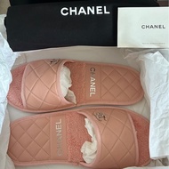 Chanel香奈兒粉色19皮穿鏈雙C LOGO菱格紋拖鞋