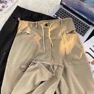 American Oversize Pleated Casual Cargo Pants For Women, Cool Style Niche Design, Wide Leg Tie-Able W