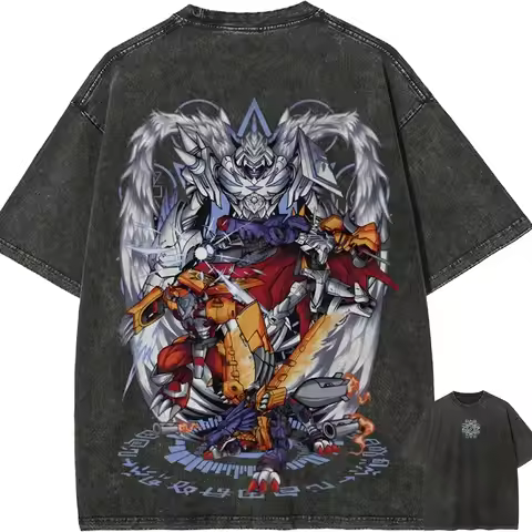 Omegamon T Shirt Men Digimon WarGreymon Vintage Acid Wash Streetwear Oversized Retro Japanese Anime 