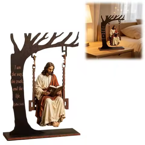Christian Jesus Reading Bible Swing Tabletop Decor Wooden Engraved Scripture Catholic Verse Religiou