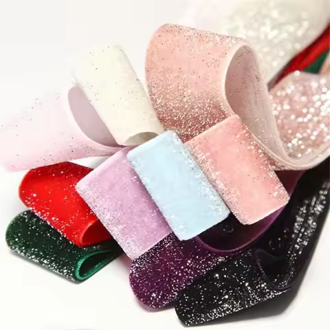 9,16,25,38MM Nylon Velvet Ribbon with Silver Glitter Lurex for Handmade Gift Bouquet Wrapping Suppli