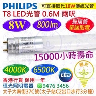 PHILIPS 飛利浦 Ecofit（單端）T8 4000K 中性 / 6500K 白光 8W LED 光管 800流明 0.6M 兩呎 15000小時壽命 香港行貨 保用一年