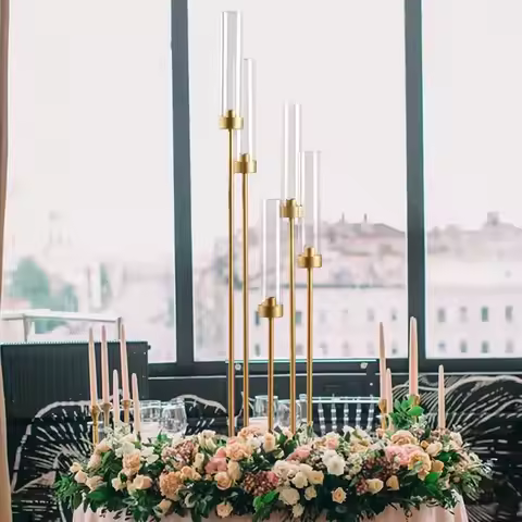 6PCS 5 Arm Candle Holder for Wedding 39.4'' Tall Gold Floor Candelabra with Acrylic Lampshade for Bi