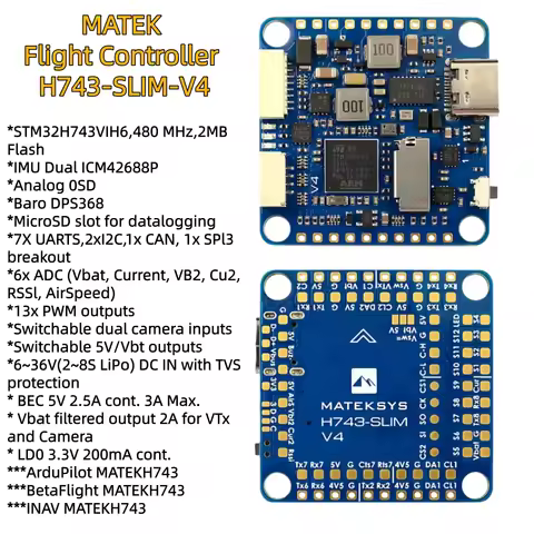 Matek Mateksys H743 SLIM V4 Flight Controller with Built-in OSD MicroSD For FPV RC Model Multicopter