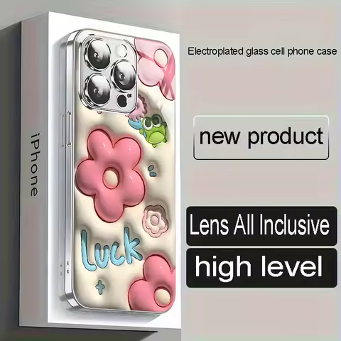 Crystal clear, beautifully designed large pink flower LUCK pattern glass phone case for iPhone17 16 