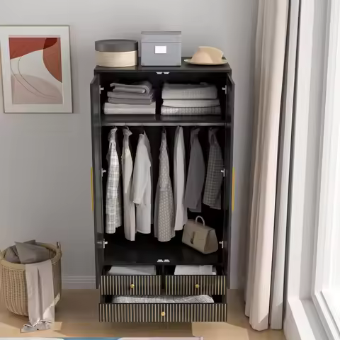 Freestanding Farmhouse Style Wardrobe with Drawers, Hanging Rod, and 2 Fluted Doors, 64.96 inches