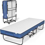 Povirt Folding Bed with Mattress - 75x31 Cot Size Bed Frame- Portable Rollaway Adults Bed for Guest - Foldable Bed with 5-inch Thick Memory Foam Mattress, Space Saving Fold Up Bed for Easy Storage