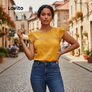 Lovito Women's Yellow Lace Ruffle Jacquard Blouse, Casual Spring/Summer Blouse L134ED448