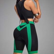 Women's Contrast Color Patchwork Bib Pants & Vest Cycling Outfit Black Green Bib Cycling Set Women 2