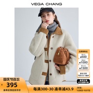 VEGA CHANG仿羊羔毛大衣女2024秋冬新款韩版宽松拼接皮草短外套 绒绒白 S