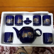 藍瓷茶具 藍色琉金 孔雀牡丹花 彩釉瓷茶具組 76年古董茶具