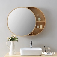 Bathroom Makeup Wall Toilet Cabinesolid Wood Round Mirror with Storage Cabinet