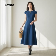 Lovito Dress Elegan Garis Lipit Butang Biru Laut Wanita Musim Bunga/Panas L138ED333