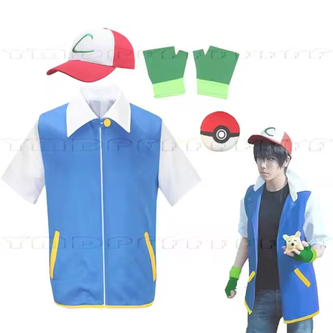 Cartoon Anime Ash Trainer Blue Jacket Halloween Cosplay Set Blue Jacket Hat Gloves Elf Ball Male and
