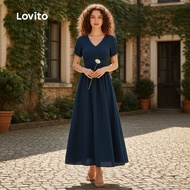 (trendy3)Lovito Elegant Dress Structure Line Commute Spring/summer Navy Blue Dress for Women L137LD2