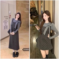 - Women's knitted A-line polka dot dress, 2-piece faux one-piece dress, new model 2025