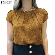 ZANZEA Women Vintage Pleated Neckline O-Neck Short Sleeves Floral Printed Blouses