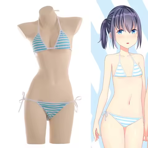 Anime Miku Kawaii Mini Bikini Cosplay Blue White Striped Micro Bikini 2019 Swimming Suit for Women T