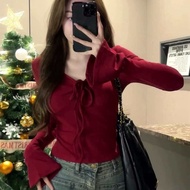 【S-XL 87-122斤】Kemeja bulu yang menarik dengan kerah V lengan panjang 德绒趣味V领小衫喇叭袖长袖内搭抽绳原创纯色可爱女秋冬季上衣