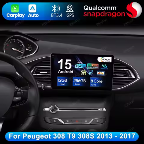 Android 15 For Peugeot 308 T9 308S 2013 - 2017 QLED Systems AUTO IPS WIFI+4G 9/10 Inch AI Voice Navi