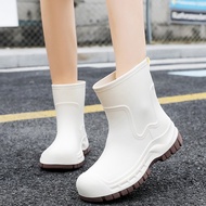 Womens Fashionable Mid-Calf Rain Boots Waterproof Slip-Resistant Warm Kitchen Gum Shoes Wear-Resista