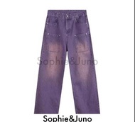 🇰🇷S&amp;J🇰🇷 紫色直筒牛仔褲韓版褪色水洗復古多口袋漸變寬褲落地老爹工作褲P00017