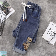 2023 Spring Elastic Waist Jeans Women High Stretchy Fat Sister Embroidery Versatile Harem Daddy Pant