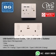 USB Charging Switch Socket Outlet, 1 Gang, 2 Gang, 1 Way Rocker Switch, Singapore Safety Mark PSB Approved