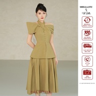 High-end designer dress in moss color with luxurious off-The-shoulder halter neck [Real photo] The S