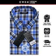 OWEN SALE - Áo Sơ Mi Owen Tay Ngắn Màu Xanh Đen-Trắng  Họa Tiết Caro Form Body Fit Lai Ngang Chính H