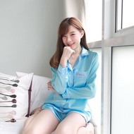 ชุดนอนซาตินพรีเมี่ยม ชุดนอนผู้ญิงฟรีไซต์ แขนยาวขาสั้น สีเบบี้บลู ส่งฟรี ผ้านิ่ม หลับสบาย คุณภาพดี ไม