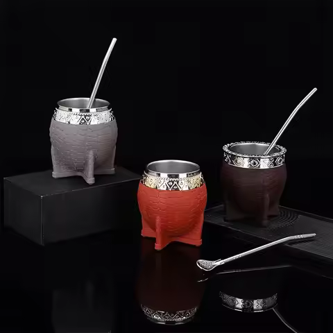 Stainless Steel Double-layer Mate Cup With Straw Texture Eggshell Cup Perfect For Yerba Mate Tea Dri