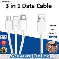 TREQA 3 in 1 Usb Cable Micro Usb Cable Type A Cable Fast Charging Cable Type C Fast Charging 2A Fast