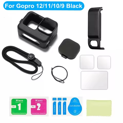 Silicone Case for GoPro Hero 12 11 10Black Tempered Glass Screen Protector Protective Film Lens Cap 