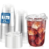 Homestockplus 25 Pack 15 oz BPA-Free Clear Plastic Cups with Strawless Sip Lids - Leak-Proof Round B