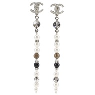 Chanel Coco Mark Earrings, Long, Metal x Faux Pearl x Rhinestone, 2019, Silver, A19K, Approx. 11.0g,