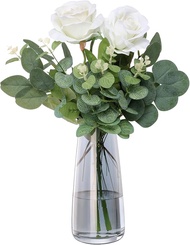 Fake Flowers with Vase Artificial Silk Roses Faux Plants with Glass Vase for Coffee Table Decor Livi