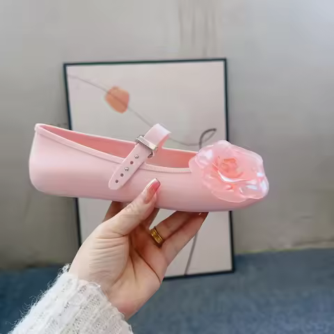 Women's Shallow Mouth Sandals Ladies 3D Flower Flat Mary Jane Shoes Comfortable PVC Fashion Jelly Sh