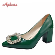 [601ร้อน] Aphixta-Zapatos De Charol Con Hebilla Para Mujer Calzado De Tacón Cuadrado De 7Cm Para Estrecha สี Verde Curoso Talla Grande 49 50