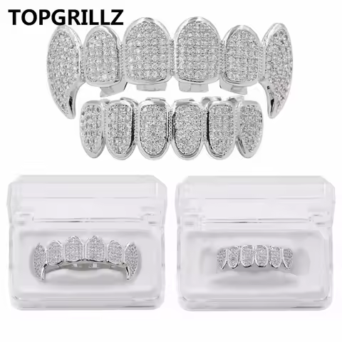 TOPGRILLZ New Fit Silver Plated CZ Micro Pave Top & Bottom GRILL SET Rhodium Teeth Grills Vampire To