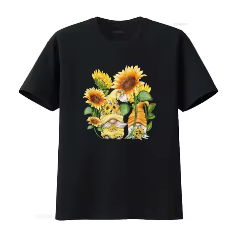 T Shirt for Women Novelty Sunflower Gnome Hippies Floral Casual Tops Black 2X Large vintage Washed S