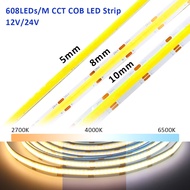 DC 12V 24V CCT COB LED Strip Light 5mm 8mm 10mm 608 LEDs/m 2700K to 6500K LED Tape Linear Double Col