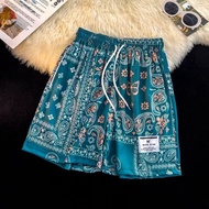 Men's American Street Trend Vintage Green Black Cashew Flower Print Street Basketball Shorts Mesh Sh