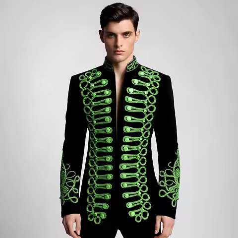 Men's Standing Collar Gold Black Embroidery Velvet Suit Jacket Vintage Palace Attire Banquet Wedding