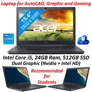 15inch Refurbish Laptop for AutoCAD, Graphic Work Acer TravelMate P2510 Core i5, 24GB Ram, 512GB SSD
